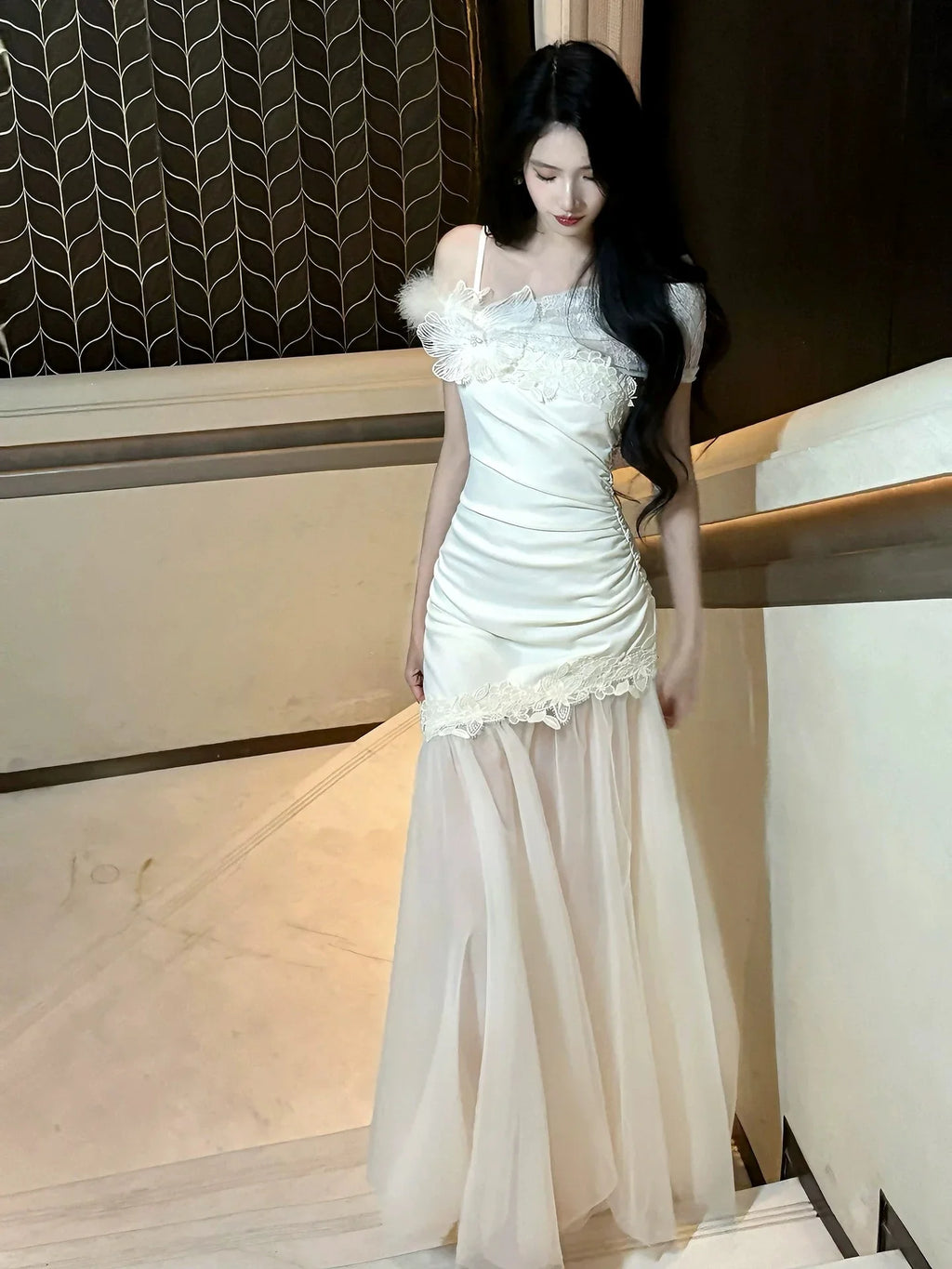 Ivory Mermaid Asymmetrical Neck Short Sleeve Maxi Prom Dress