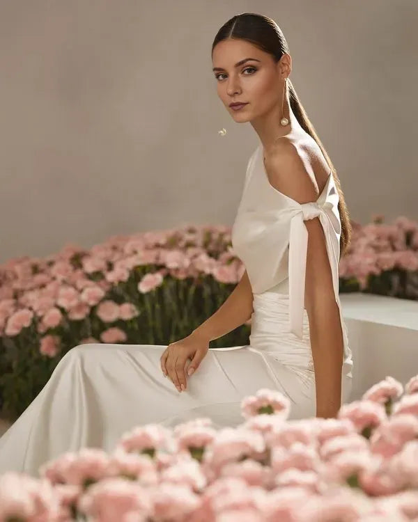 Mermaid Asymmetrical neckline draped sleeves Sweep/Brush Train Wedding Dresses for bride