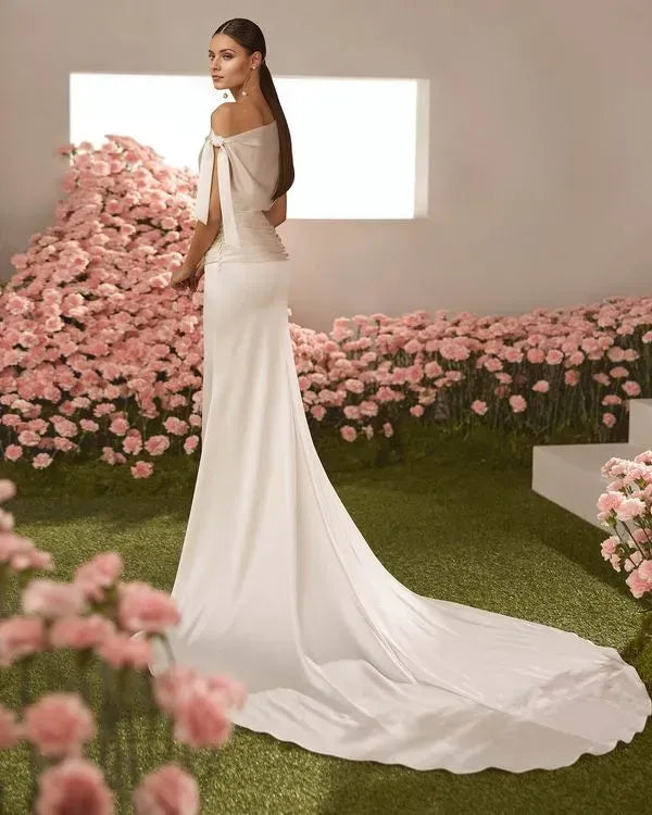 Mermaid Asymmetrical neckline draped sleeves Sweep/Brush Train Wedding Dresses for bride