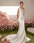 Mermaid Asymmetrical neckline draped sleeves Sweep/Brush Train Wedding Dresses for bride