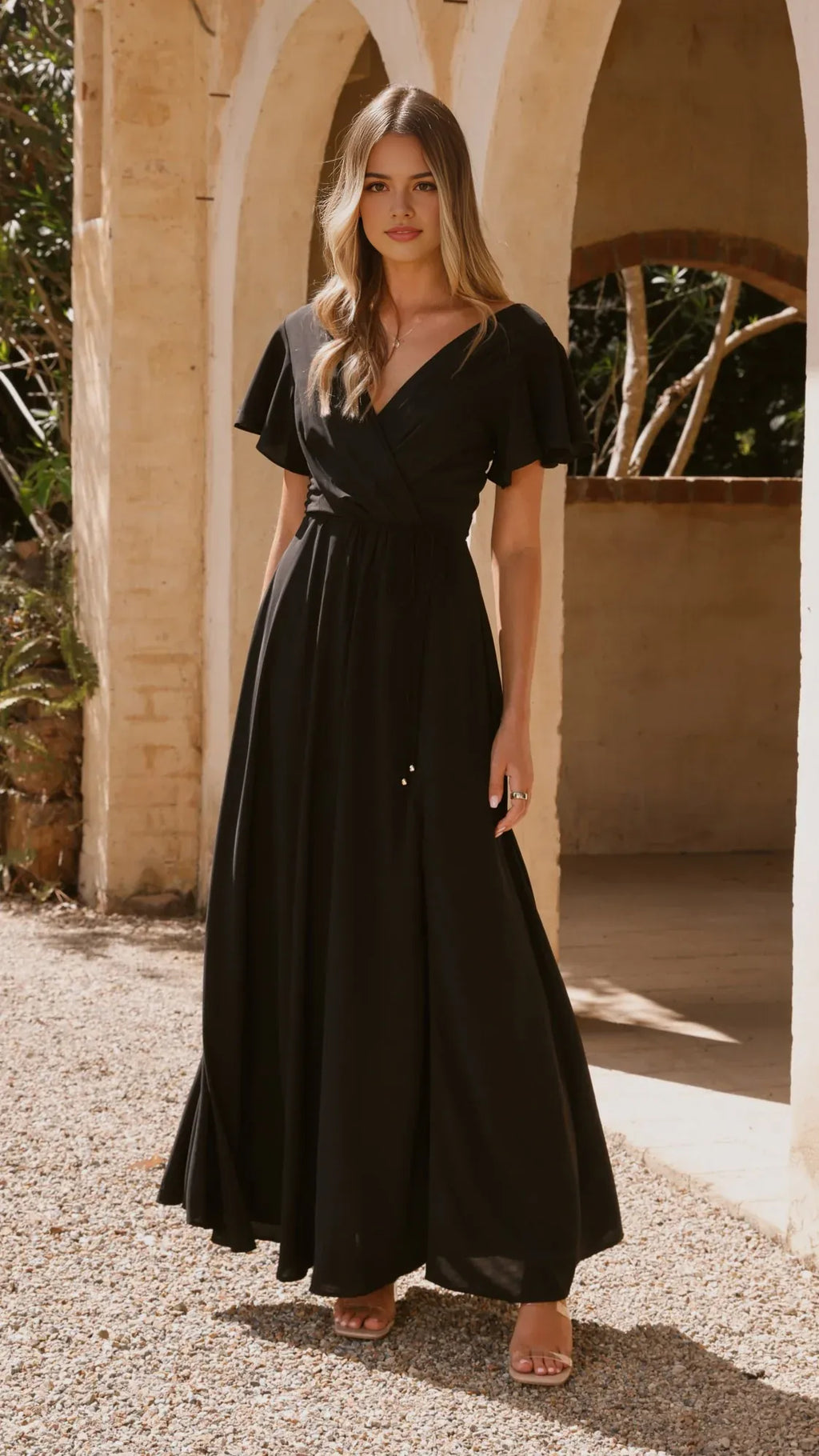 Black Mermaid Prom Dress with Flutter Sleeves Wrap V Neck Waist Design