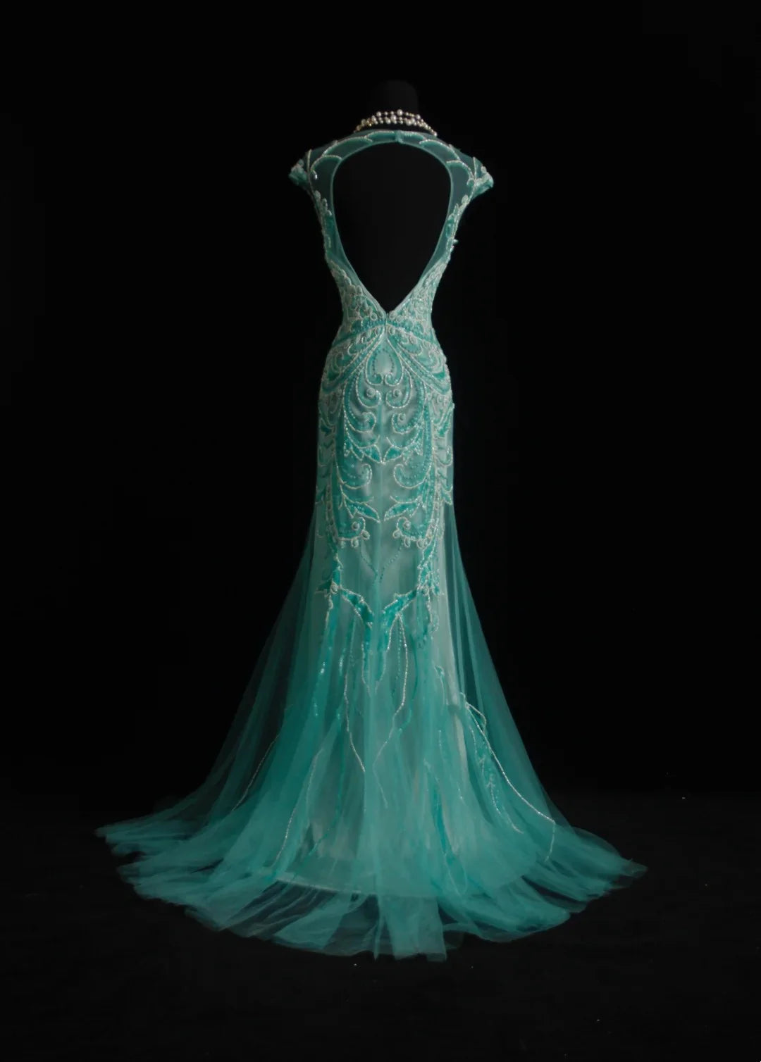 Teal Mermaid Cap Sleeve Beaded Maxi Prom Dress