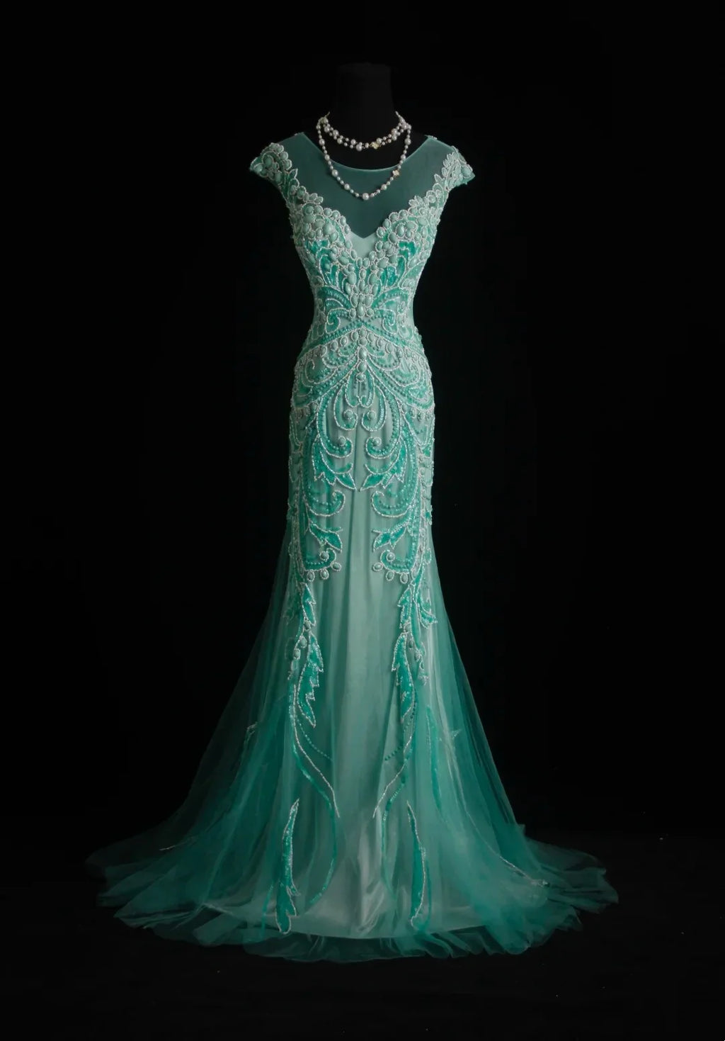Teal Mermaid Cap Sleeve Beaded Maxi Prom Dress