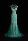 Teal Mermaid Cap Sleeve Beaded Maxi Prom Dress