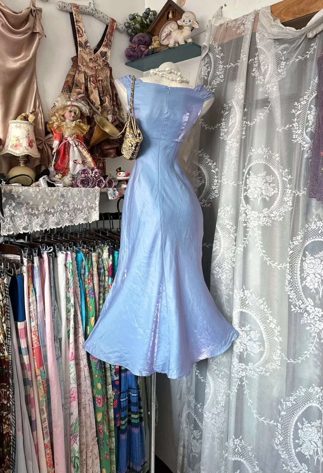 Light Blue Mermaid Cap Sleeve Light Midi Prom Dress