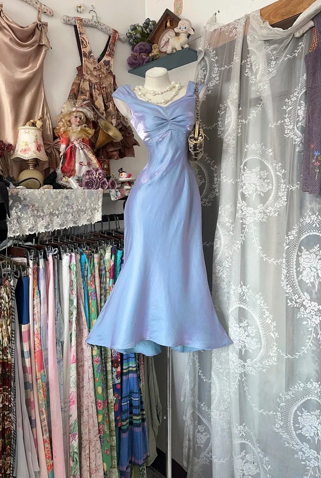 Light Blue Mermaid Cap Sleeve Light Midi Prom Dress