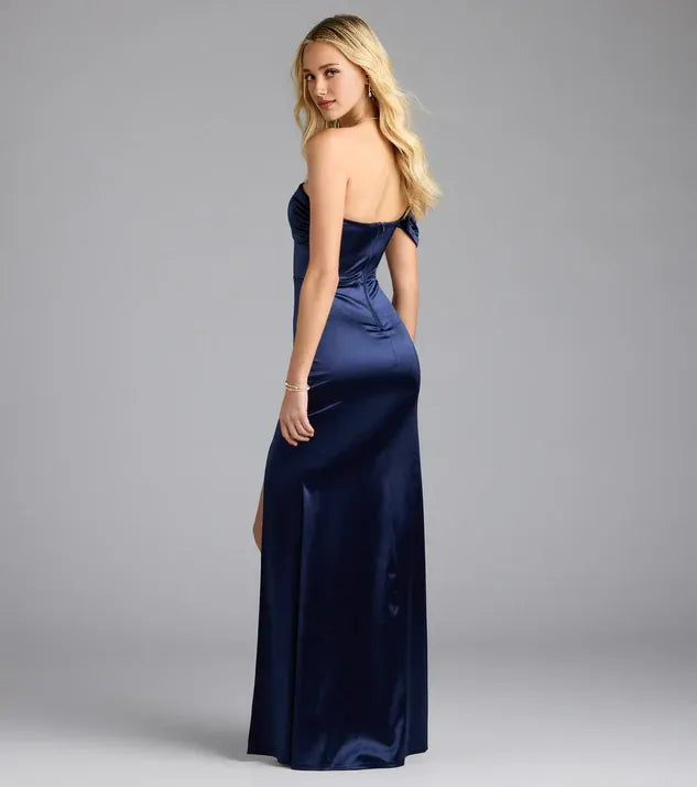 Refined Beautiful Timeless Elegant Navy Blue Satin Mermaid Sleeveless Floor-Length Prom Dress