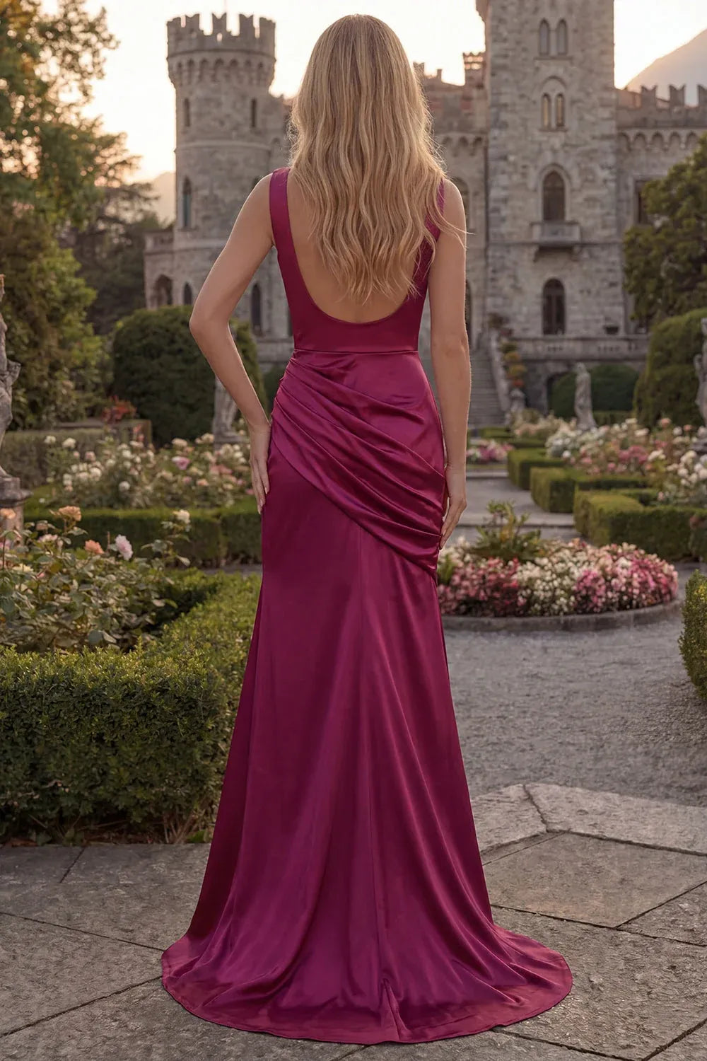 Burgundy Mermaid Cowl Neck Ruched Slit Maxi Prom Dress