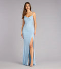Light Blue Mermaid Cowl Neck Spaghetti Straps Open Back Floor-Length Light Prom Dresses with High Slit