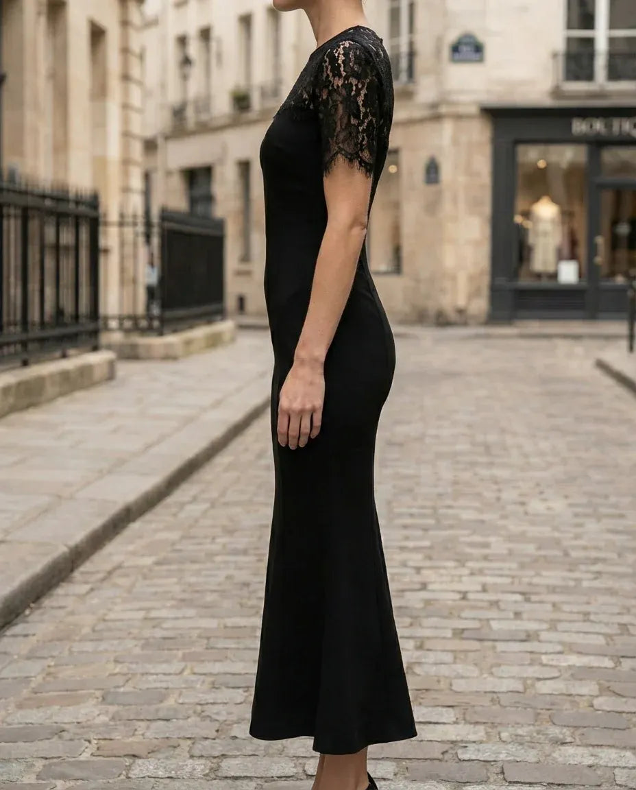 Black Mermaid Crew Neck Short Sleeve Floral Midi Evening Dresses