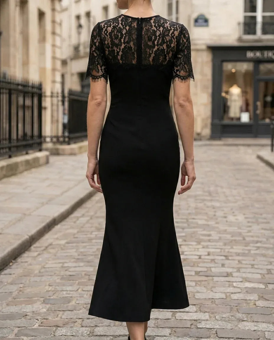Black Mermaid Crew Neck Short Sleeve Floral Midi Evening Dresses
