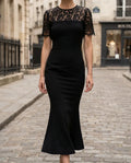 Black Mermaid Crew Neck Short Sleeve Floral Midi Evening Dresses