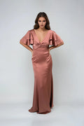 Mermaid Deep V-Neck Double Ruffle -Sleeve Flutter V back Back Zip Floor-Length Prom Dresses for women