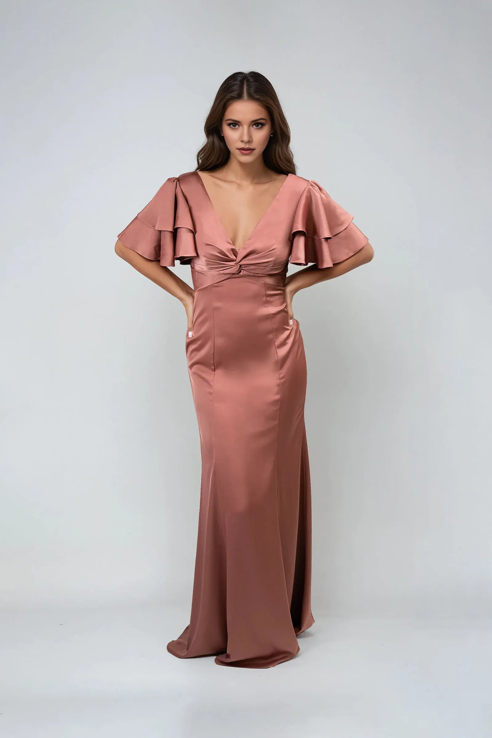 Mermaid Deep V-Neck Double Ruffle -Sleeve Flutter V back Back Zip Floor-Length Prom Dresses for women