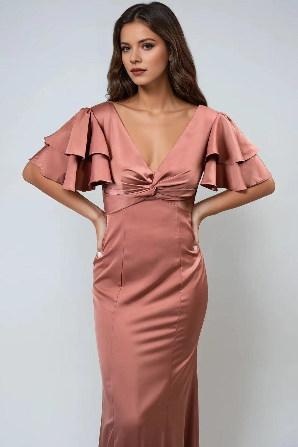 Mermaid Deep V-Neck Double Ruffle -Sleeve Flutter V back Back Zip Floor-Length Prom Dresses for women