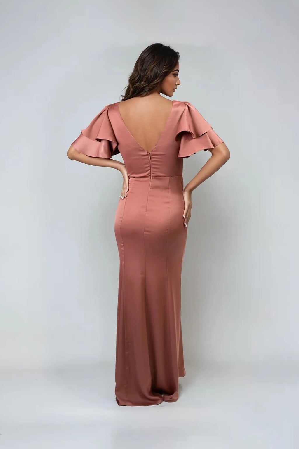Mermaid Deep V-Neck Double Ruffle -Sleeve Flutter V back Back Zip Floor-Length Prom Dresses for women