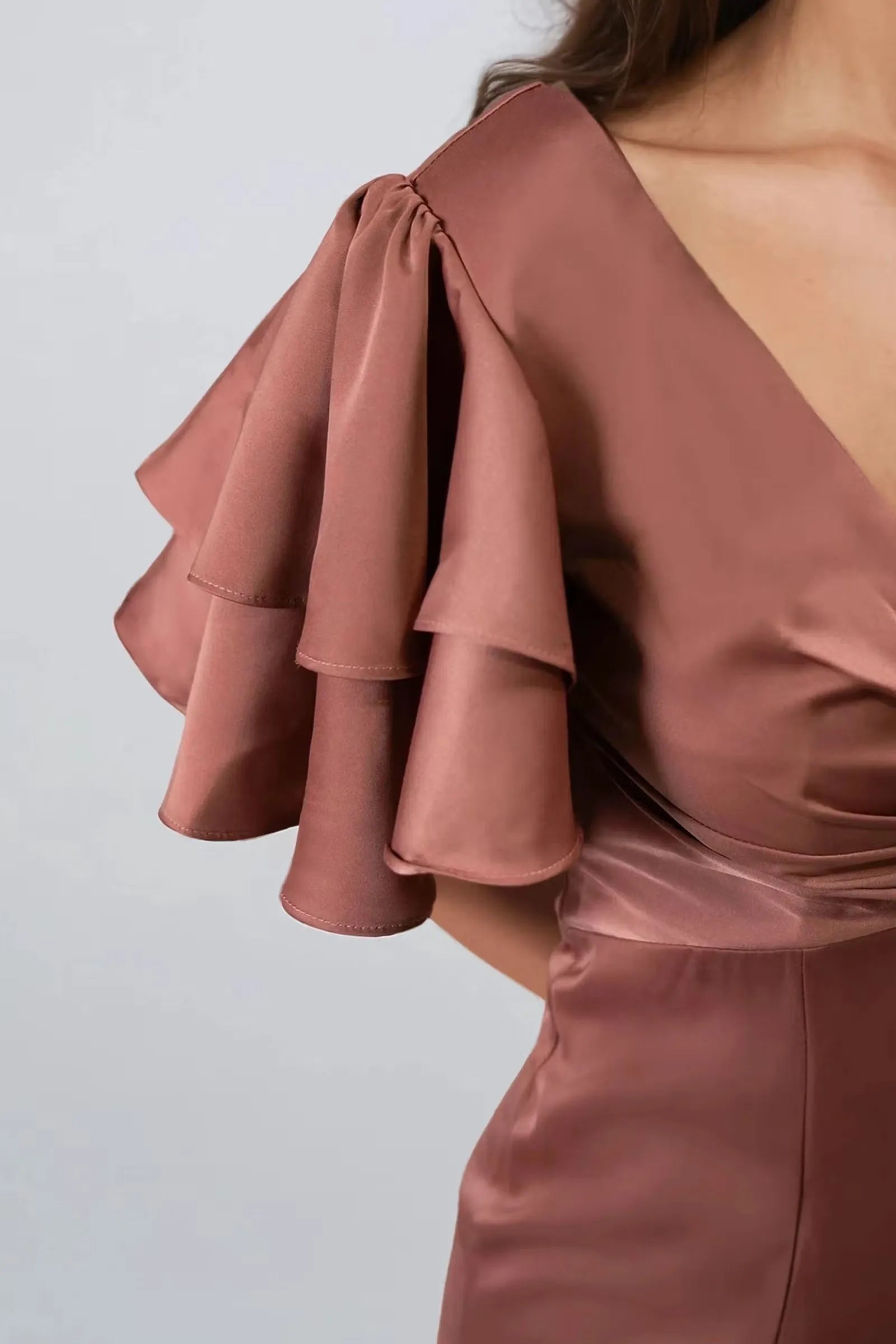 Mermaid Deep V-Neck Double Ruffle -Sleeve Flutter V back Back Zip Floor-Length Prom Dresses for women