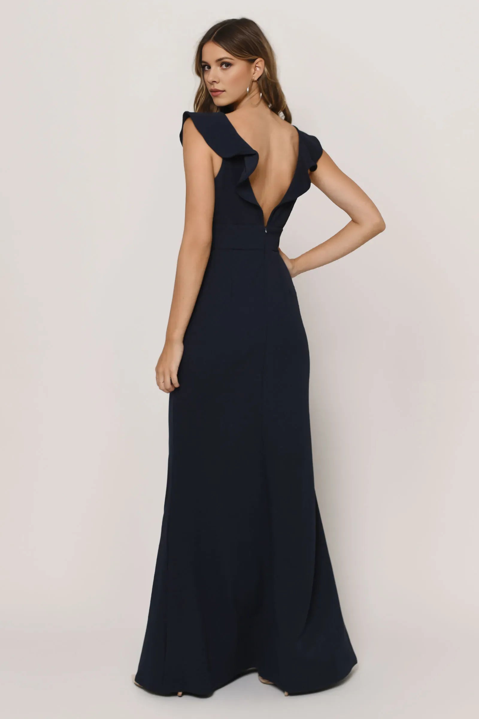 Mermaid Deep V-Neck Ruffled-Sleeve Back Zip Ankle-Length Prom Dresses for women