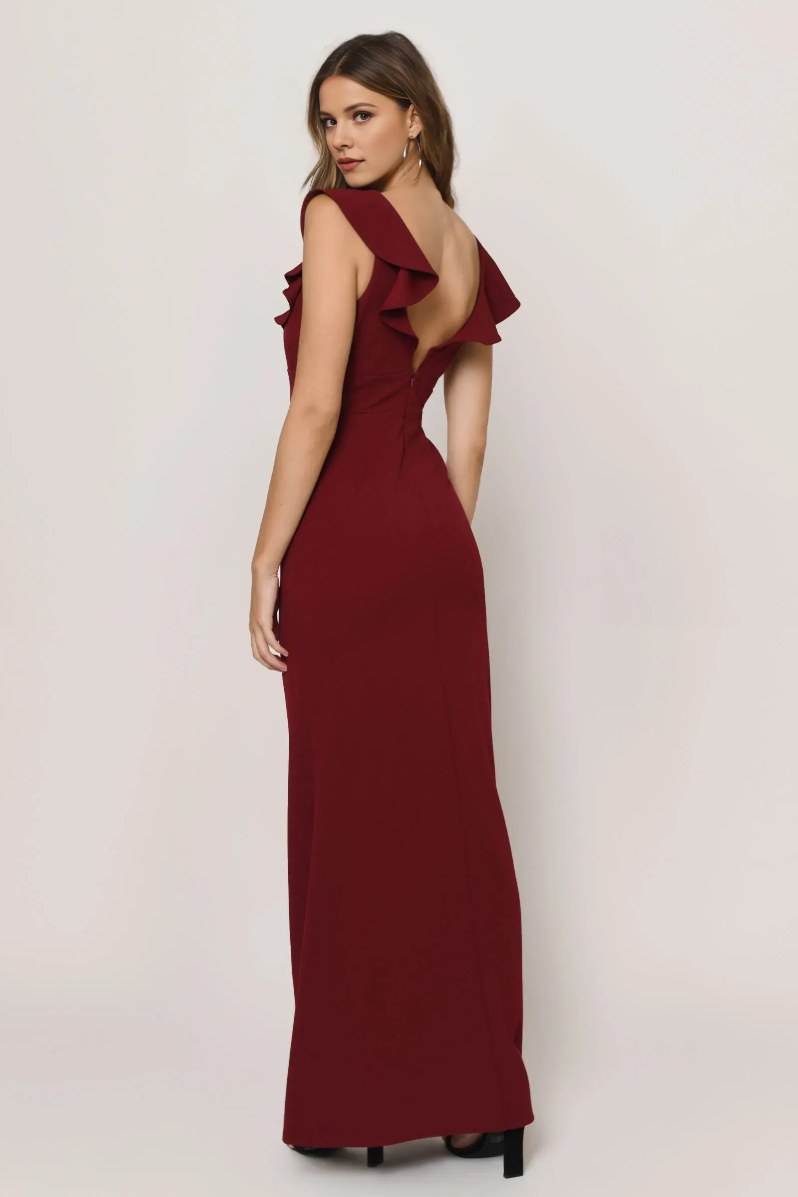 Mermaid Deep V-Neck Ruffled-Sleeve Back Zip Ankle-Length Prom Dresses for women