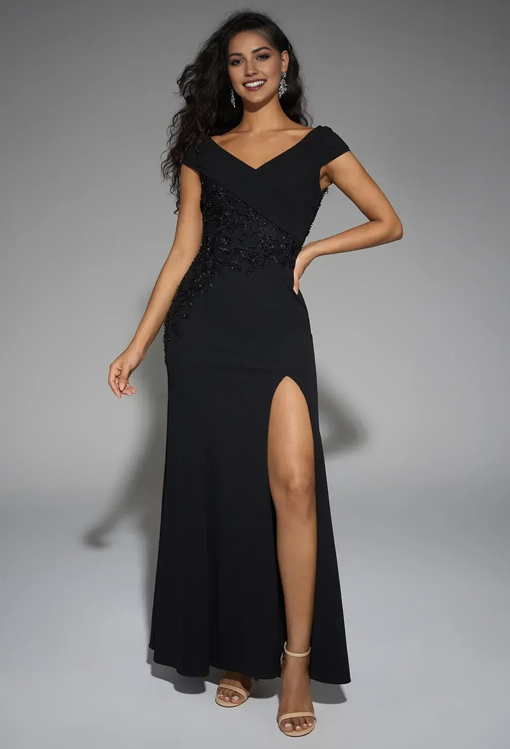 Mermaid Deep V Neck Off-The-Shoulder Zipper Back Floor-Length Formal Slit Mother Of The Bride Dresses