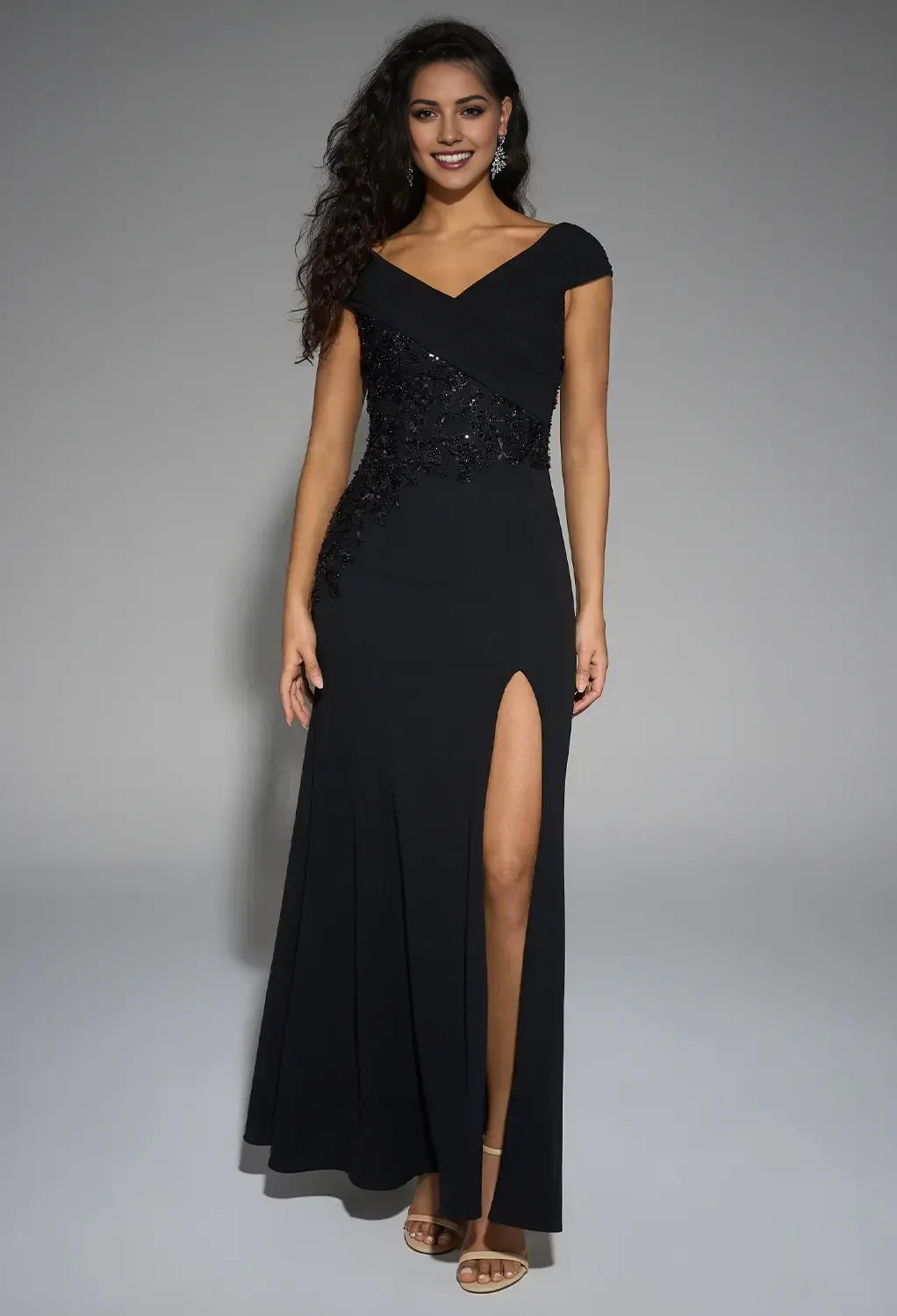 Mermaid Deep V Neck Off-The-Shoulder Zipper Back Floor-Length Formal Slit Mother Of The Bride Dresses