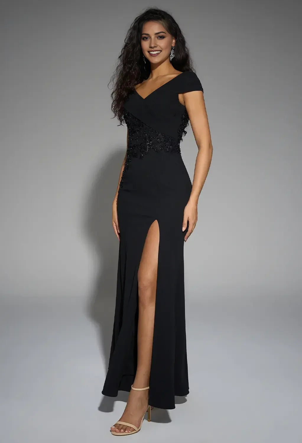 Mermaid Deep V Neck Off-The-Shoulder Zipper Back Floor-Length Formal Slit Mother Of The Bride Dresses
