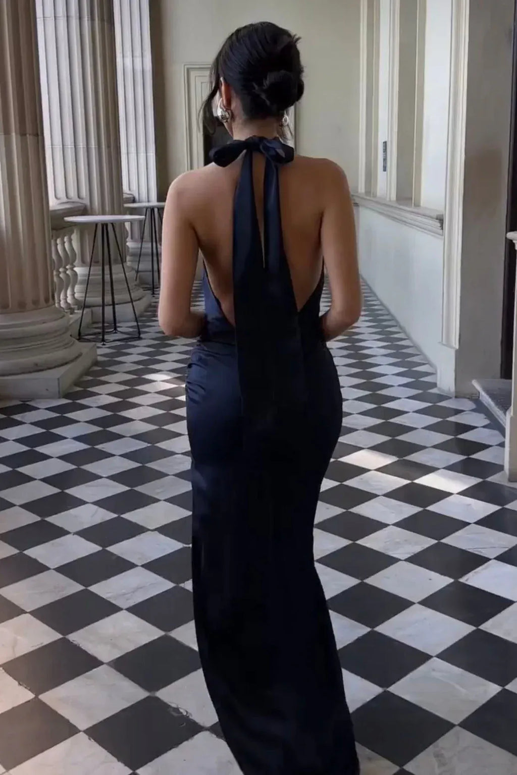 Navy Blue Mermaid Halter Backless Floor Length Prom Dress