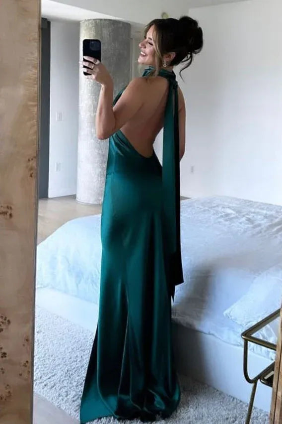 Navy Blue Mermaid Halter Backless Floor Length Prom Dress