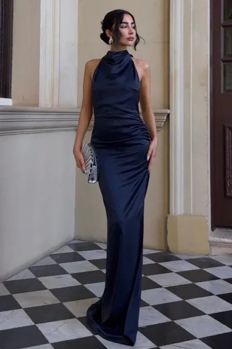 Navy Blue Mermaid Halter Backless Floor Length Prom Dress