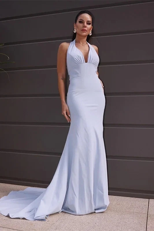 Light Blue Mermaid Halter Bow Light Maxi Prom Dress