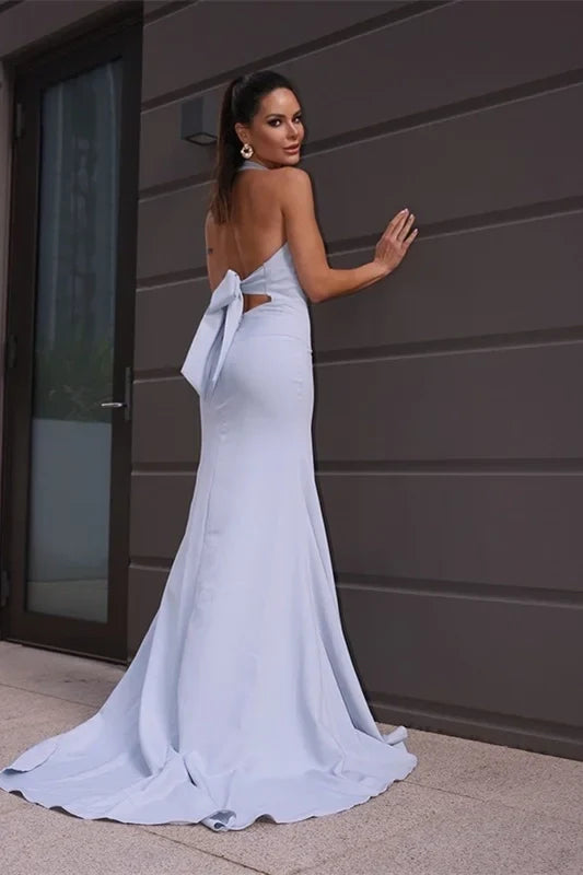 Light Blue Mermaid Halter Bow Light Maxi Prom Dress