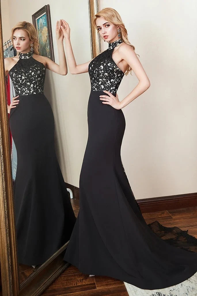 Black Mermaid Halter Maxi Prom Dress