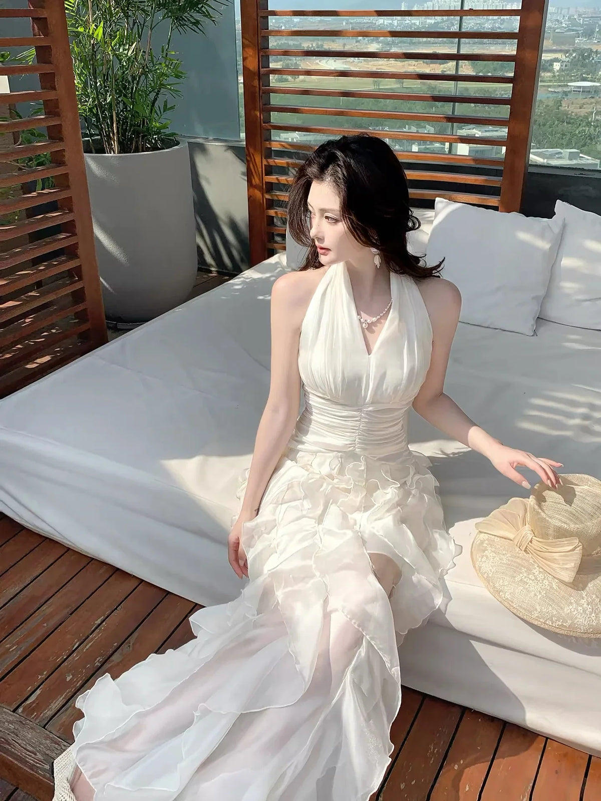 White Mermaid Halter Neck Sleeveless Ruffled Maxi Prom Dress
