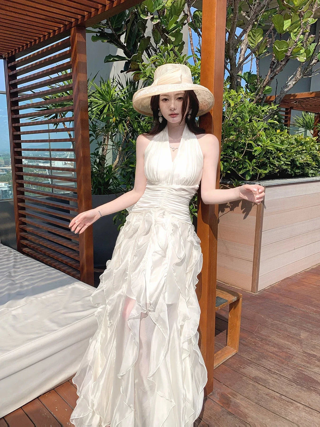 White Mermaid Halter Neck Sleeveless Ruffled Maxi Prom Dress