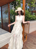 White Mermaid Halter Neck Sleeveless Ruffled Maxi Prom Dress