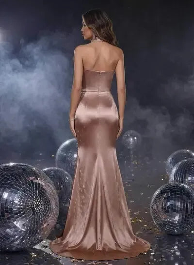 Mermaid Halter Ruched Champagne Long Prom Dress With Slit