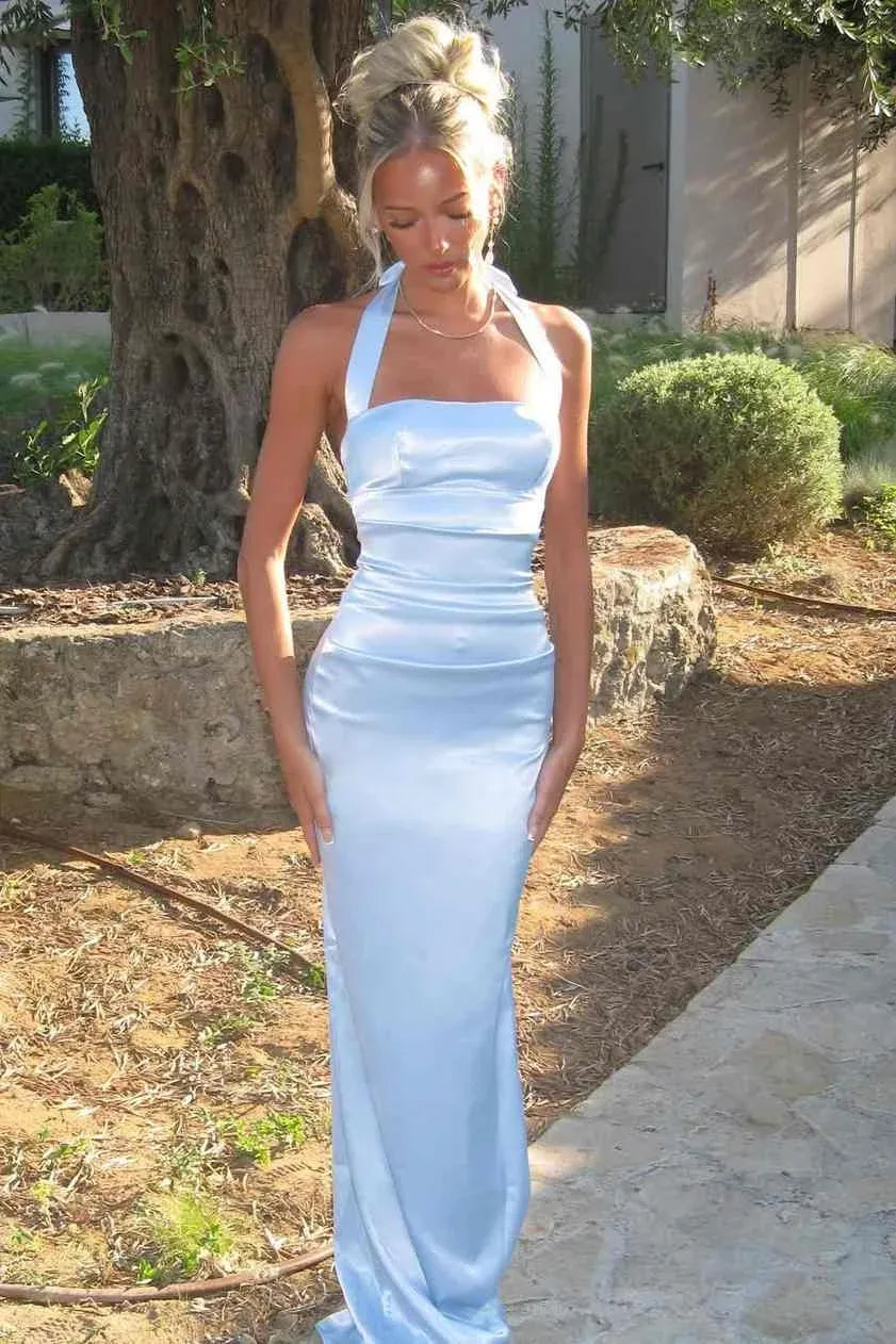 Light Blue Mermaid Halter Ruched Light Floor Length Prom Dress Buy