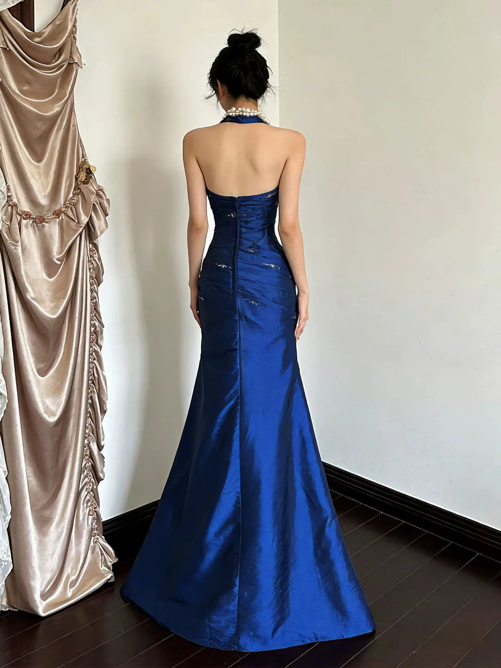 Blue Mermaid Halter Royal Maxi Prom Dress