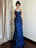 Blue Mermaid Halter Royal Maxi Prom Dress