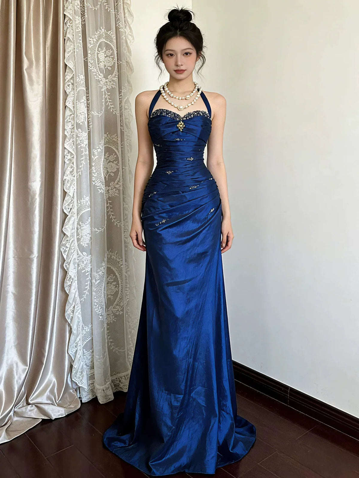 Blue Mermaid Halter Royal Maxi Prom Dress
