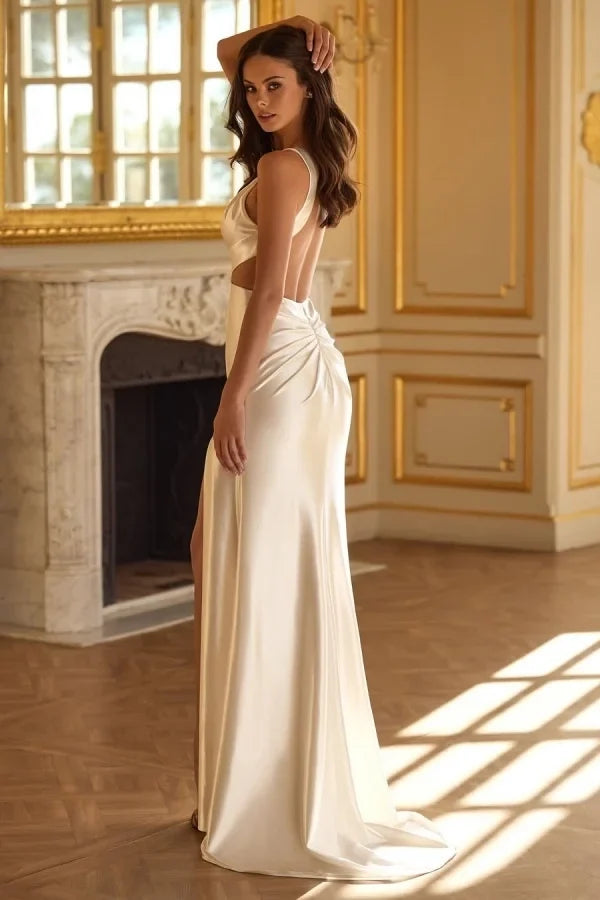 White Mermaid Halter Sleeveless Cutout Maxi Prom Dress