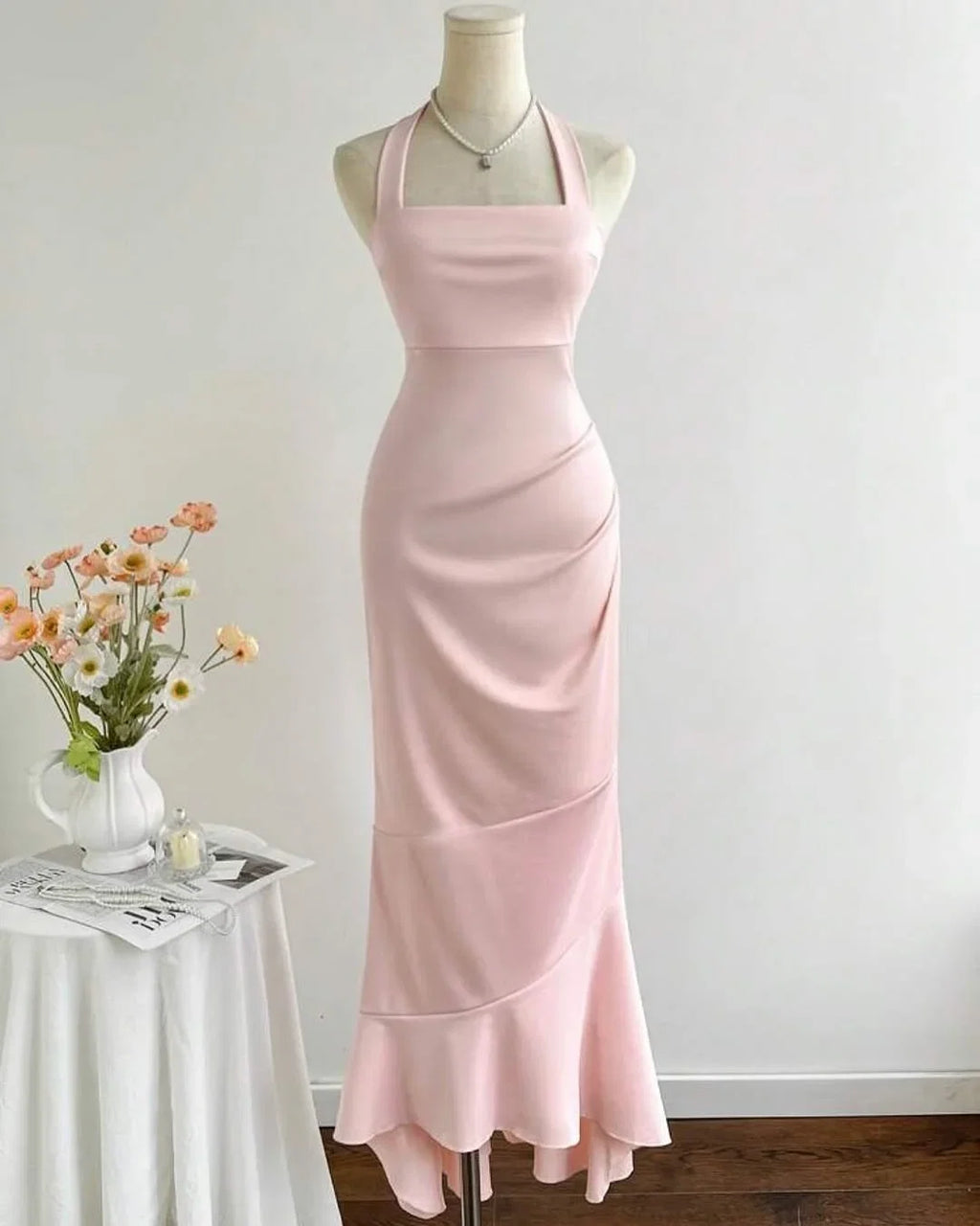 Mermaid Halter Sleeveless Ruched Blush Maxi Party Dress