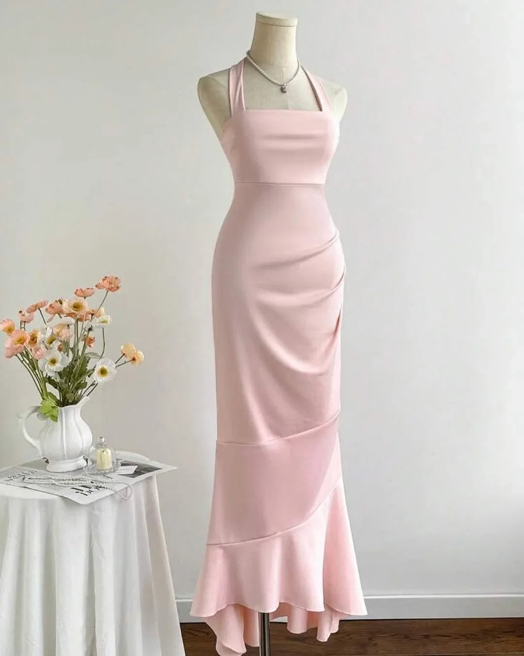 Mermaid Halter Sleeveless Ruched Blush Maxi Party Dress