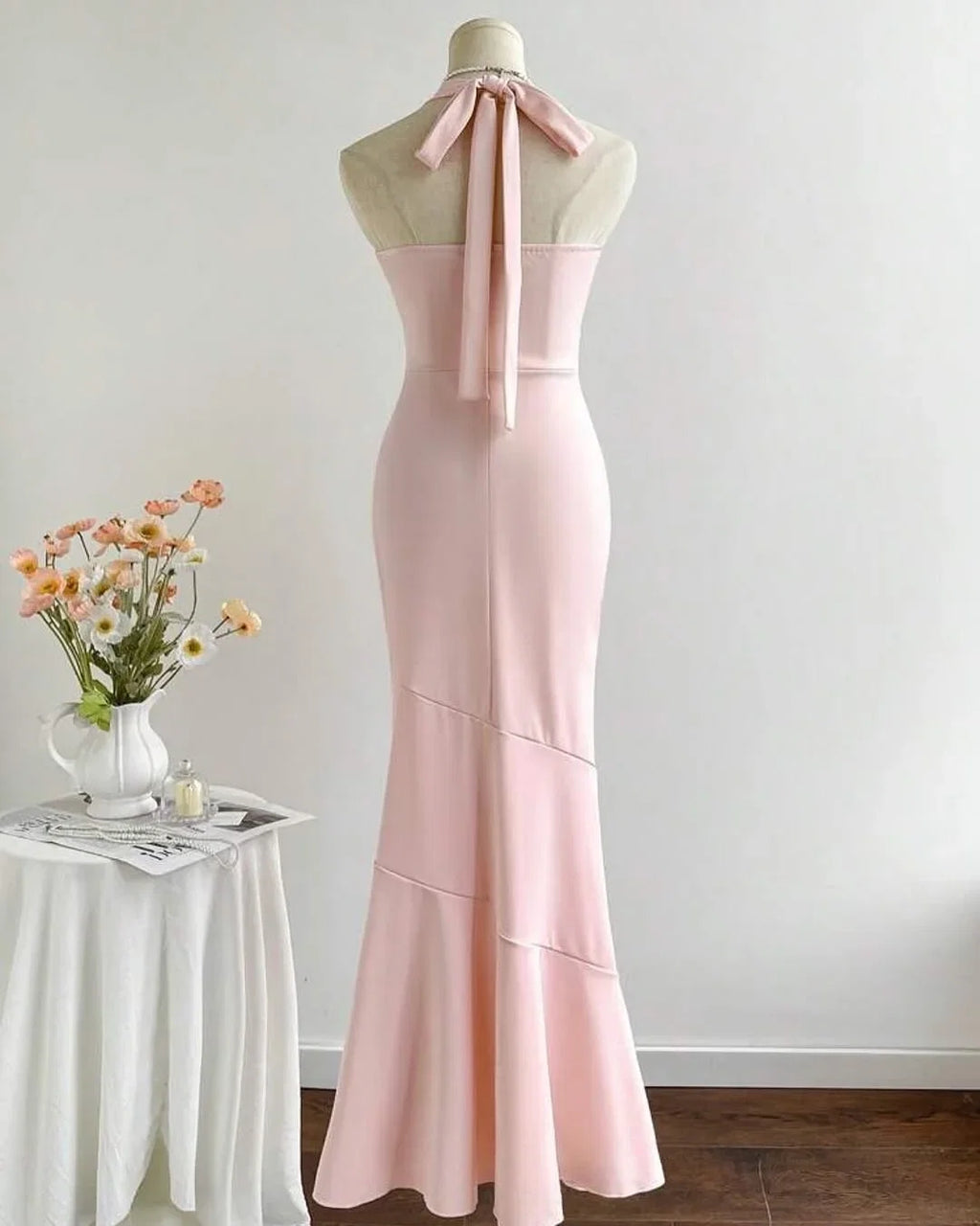 Mermaid Halter Sleeveless Ruched Blush Maxi Party Dress