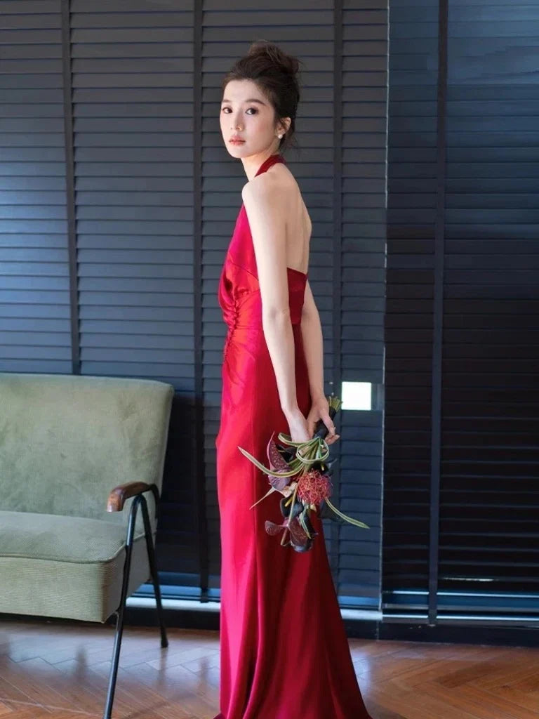 Red Mermaid Halter Sleeveless Ruched Maxi Prom Dress