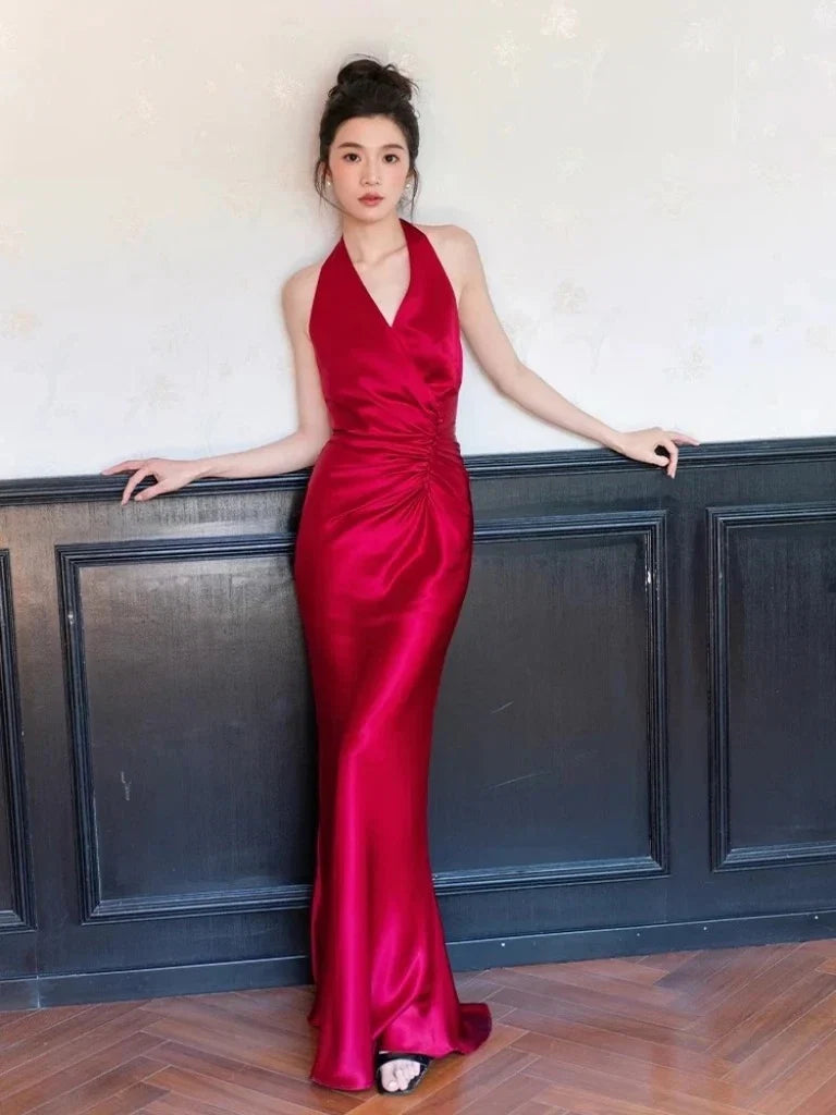 Red Mermaid Halter Sleeveless Ruched Maxi Prom Dress