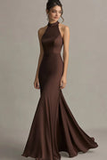 Brown Mermaid Halter Sleeveless Floor Length Prom Dress