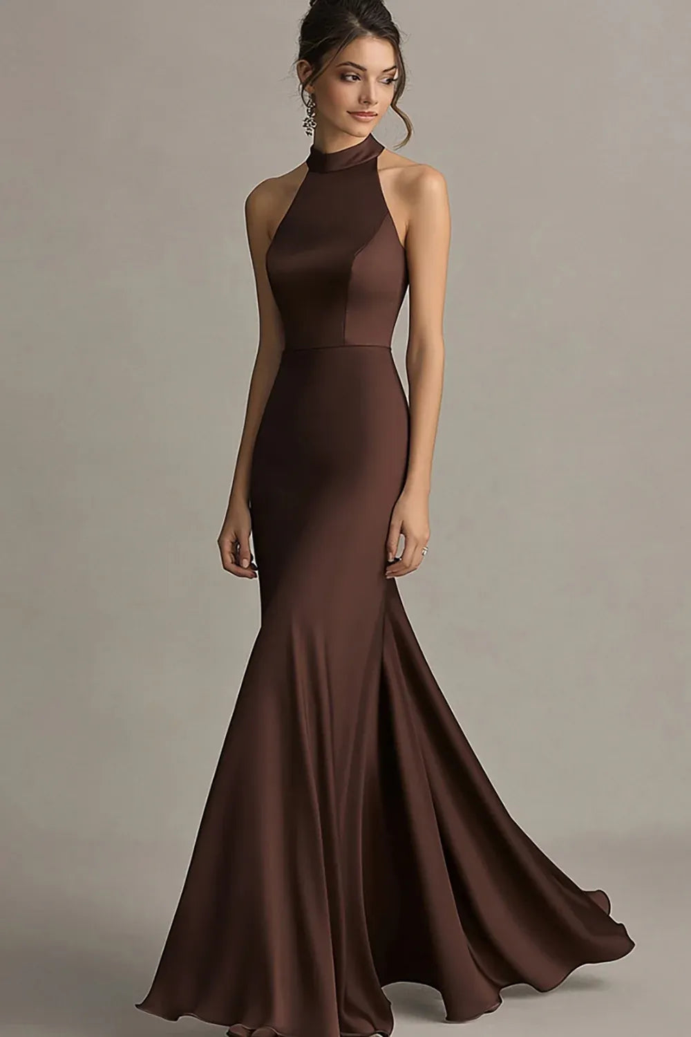 Brown Mermaid Halter Sleeveless Floor Length Prom Dress