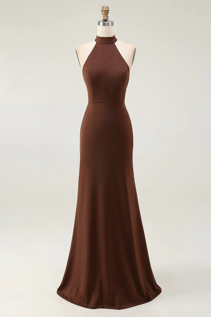 Luxurious Brown Mermaid Halter-Neck Sleeveless Open-Back Floor-Length Prom Dress