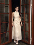 Ivory Mermaid High Neck Sleeveless Embroide Ivory Maxi Prom Dress